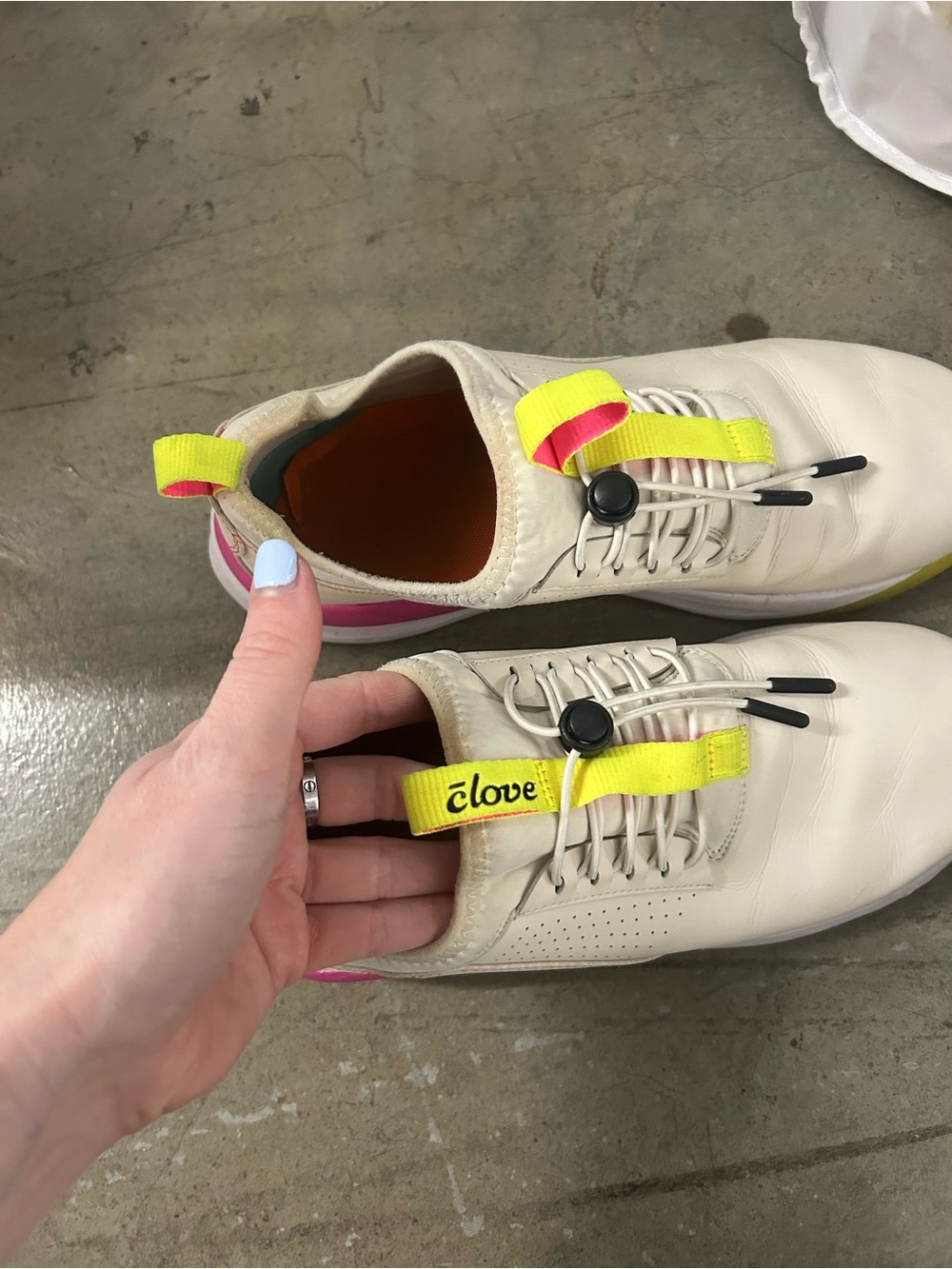 Clove Womens Cream Athletic Sneaker with Neon Yellow Accents